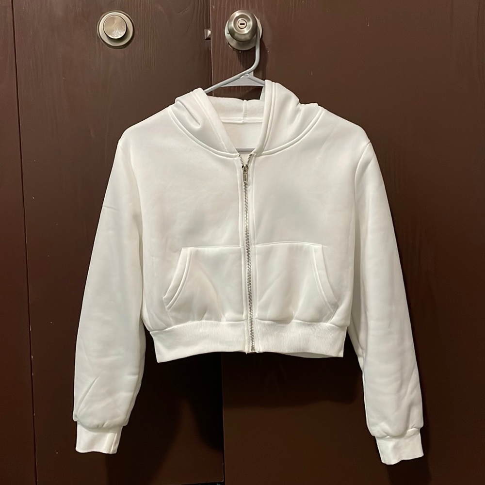 Cropped White Zip Up Hoodie